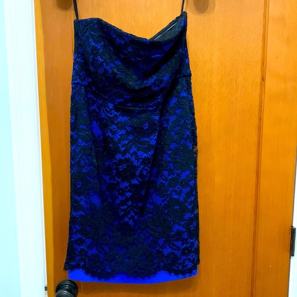 Tibi Lace Overlay Strapless Dress with cobalt lining/black overlay (size 10) - Picture 1 of 7